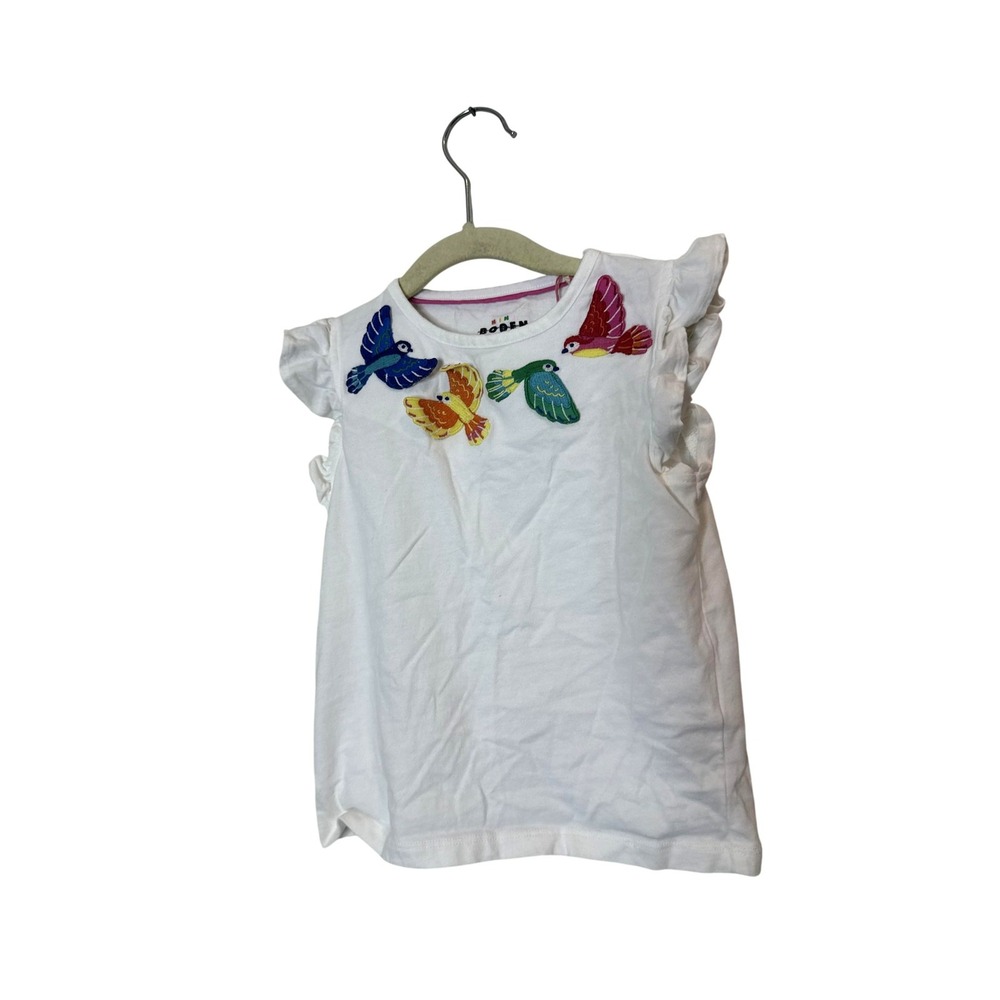 Mini Boden Shirt Girls 4T White Embroidered Birds Graphic Flutter Sleeve Tee Top